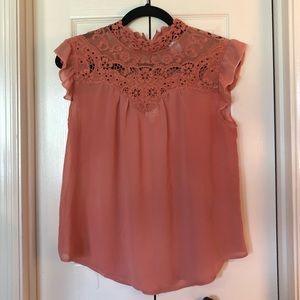 High-neck Ruffle Sleeve Blouse with Lace Detail